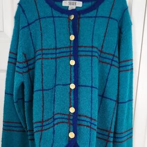 Vintage Segue Blue and Teal Knit Sweater with Amazing Gold Buttons